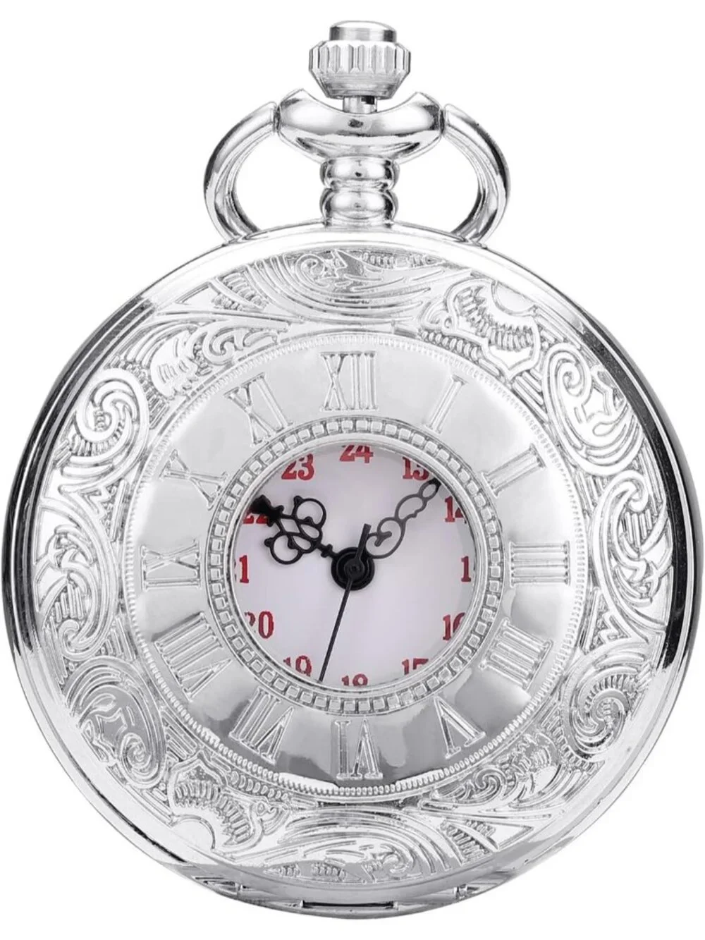 Men's Silver Quartz Engraved Wave Pattern Arabic Numerals Chain Pocket Watch